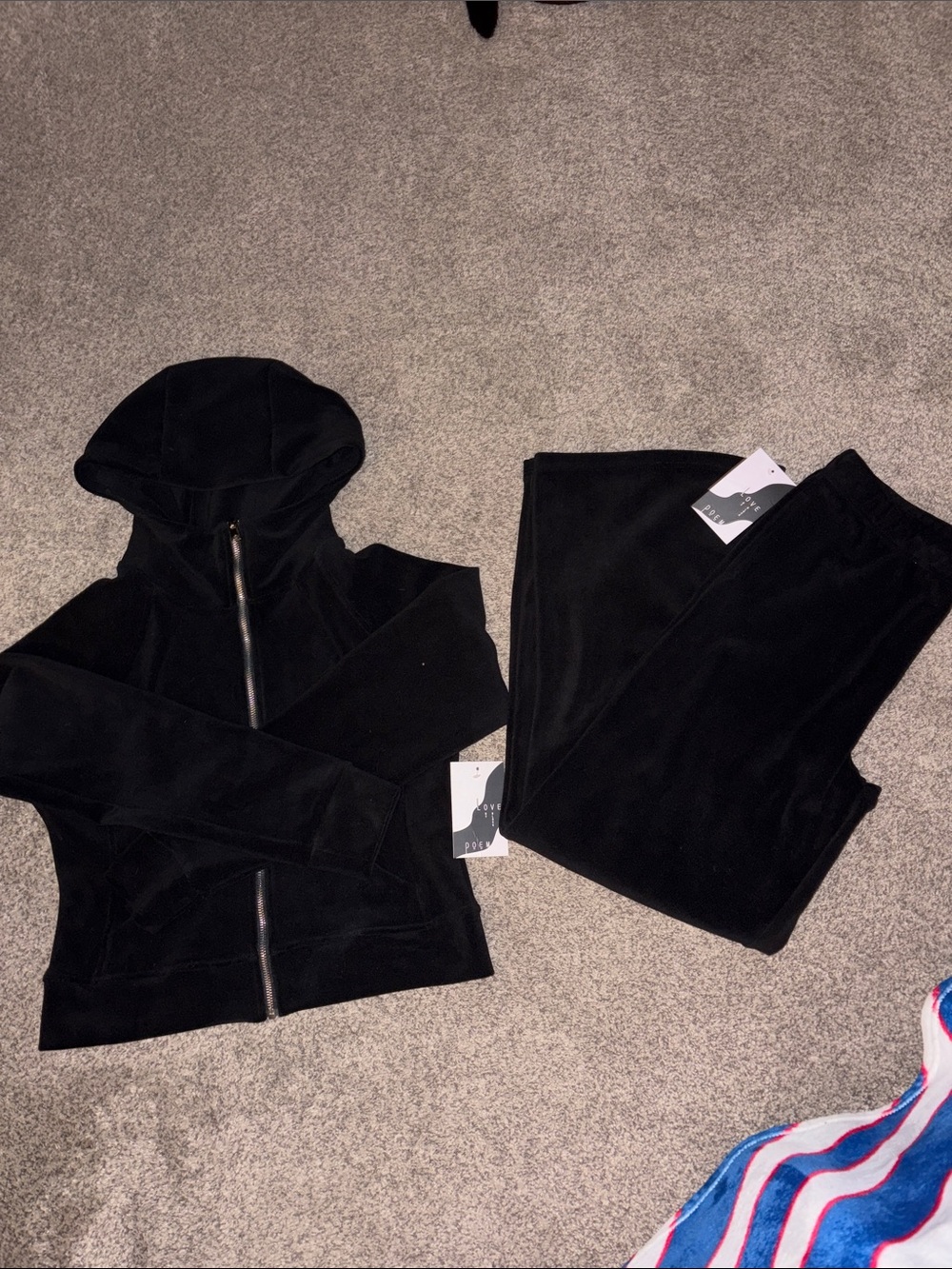 NWT- Love Poem-women’s 2 Piece Set. Black Hooded Zip-Up Jacket and Pants.